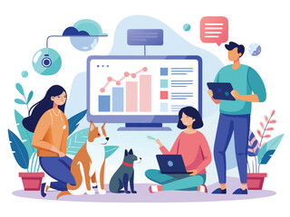 Happy family enjoying time with beloved pets while reviewing data on a computer screen together