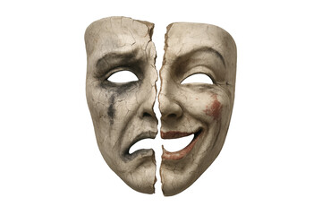 Broken mask showing happy and sad emotions on transparent background