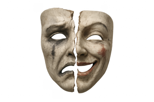 Broken mask showing happy and sad emotions on transparent background