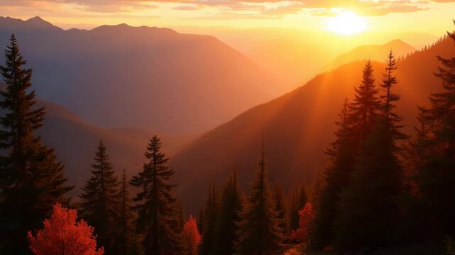 Luminous coniferous forest in the mountains during fall sunset