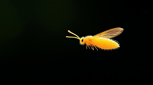 Bright orange insect with translucent wings in flight against a dark background