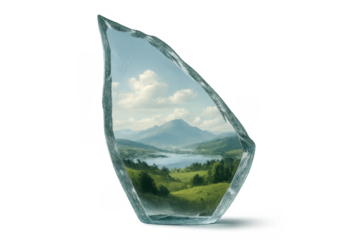 Ice shard revealing beautiful green landscape with transparent background