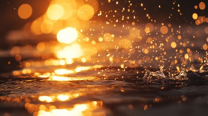 Naklejka premium Water droplets splashing in a pool of water at sunset with bokeh lights in the background.