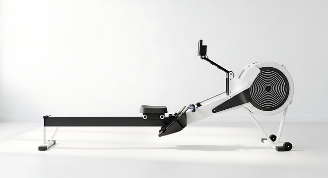 A sleek, modern rowing machine presented against a clean white background, perfect for a home gym or fitness studio. Ideal for full-body workouts and cardio training. - Powered by Adobe