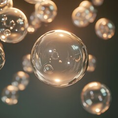 Glowing transparent spheres floating in dark background.
