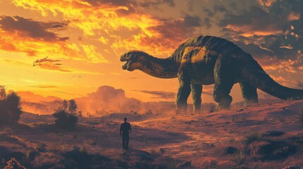 Fototapeta premium A lone figure walks towards a giant dinosaur silhouetted against a fiery sunset.