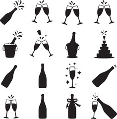 Champagne bottle and glasses celebration icons for parties and events toast