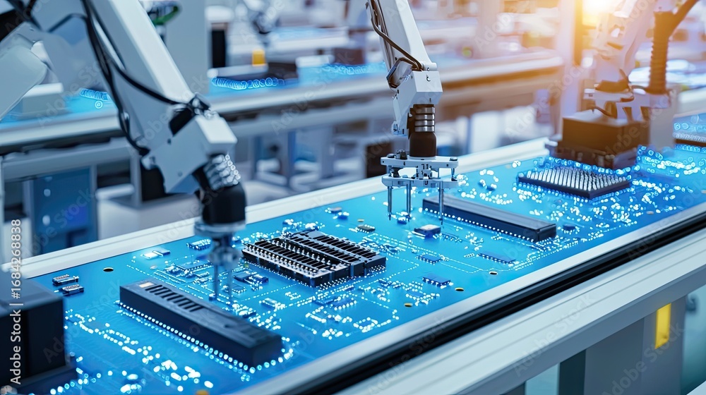 Poster automated assembly line robotic manufacturing process.