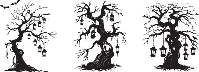 Collection set of Spooky halloween trees with lanterns vector illustration for halloween designs art
