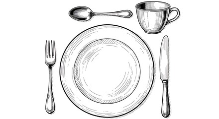 Hand-drawn sketch of a classic formal table setting with an empty plate, cutlery, and cup, isolated on a white background