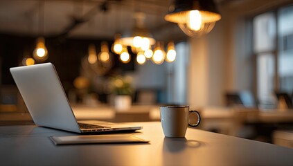Modern Workspace Setup With Open Laptop And Coffee Mug.