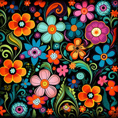 Vibrant floral pattern with colorful flowers and leaves