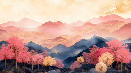 Misty mountain landscape with pink trees and golden light
