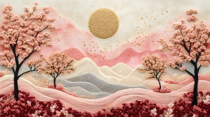 Embroidery landscape with pink trees and mountains under sun