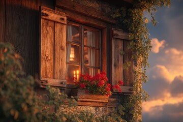 Wooden cottage window with open shutters, lit candle inside, ivy climbing stone walls, sunset sky, flower box with geraniums, nostalgic countryside charm

