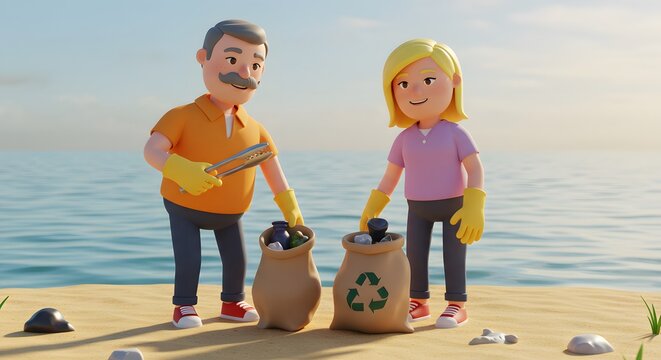 3D Illustration: Couple cleaning beach, collecting trash for recycling. Environmental protection, ocean clean-up, sustainability concept.