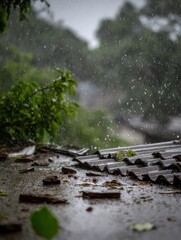 Fototapeta premium Storm-Damaged Roof under Heavy Rain