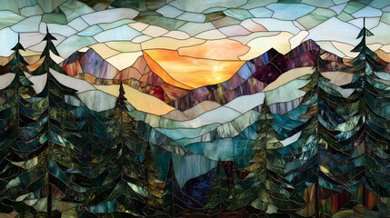 Mountain vista with evergreen trees in colorful stained glass
