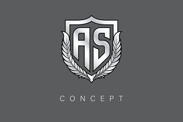AS Creative Initial Letter Logo with Shield and Laurel Wreath Silver Metallic Branding Emblem on Gray Background.