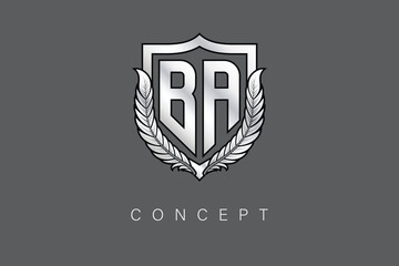 BA Creative Initial Letter Logo with Shield and Laurel Wreath Silver Metallic Branding Emblem on Gray Background.