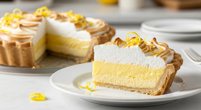 Close up of a lemon meringue pie with a slice cut out and placed on a white plate