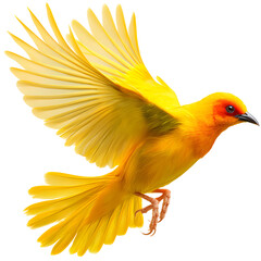 Stunning vibrant yellow weaver bird gracefully captured in mid-flight against black backdrop