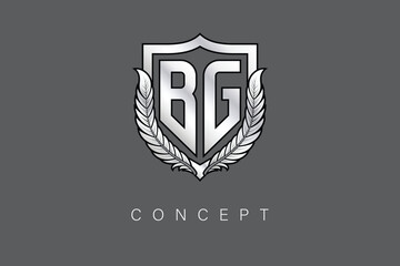 Obraz premium BG Creative Initial Letter Logo with Shield and Laurel Wreath Silver Metallic Branding Emblem on Gray Background.