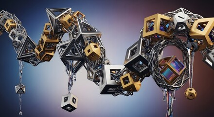 Abstract 3D rendering of a complex chain of interconnected metallic geometric shapes.