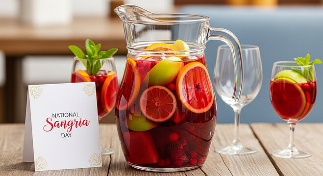 Pitcher of sangria with fruit and glasses on a wooden table for national sangria day