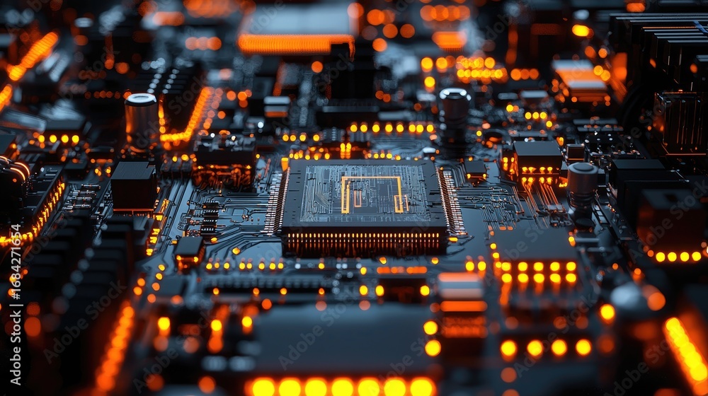 Poster closeup of illuminated circuit board with cpu.
