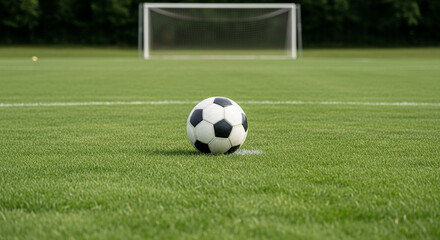Fototapeta premium A soccer ball on a green field with a goal in the background ready for a game start