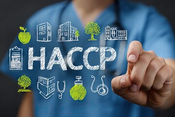 HACCP concept, food safety and hygiene, medical professional pointing.