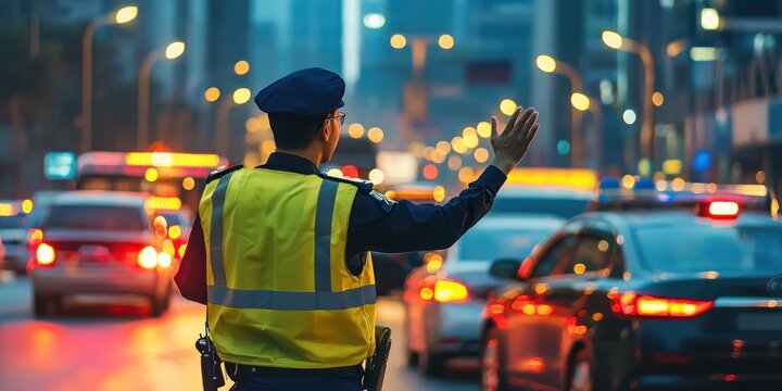 A traffic police officer using hand gestures to control the flow of cars in a city