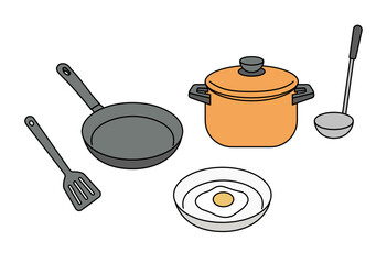Cooking utensils and breakfast set illustration with frying pan, cooking pot, spatula, ladle and sunny side up egg served on plate for food preparation, recipe content, household kitchenware, restaura