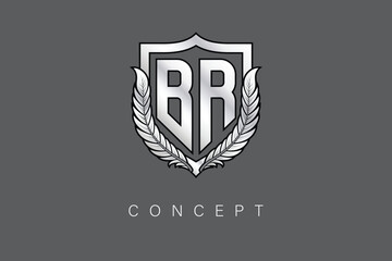 Fototapeta premium BR Creative Initial Letter Logo with Shield and Laurel Wreath Silver Metallic Branding Emblem on Gray Background.