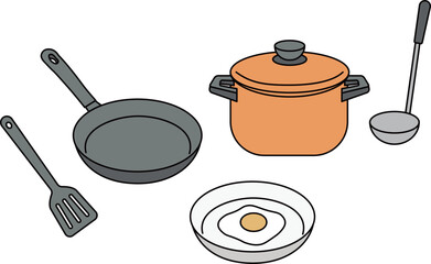 Cooking utensils and breakfast set illustration with frying pan, cooking pot, spatula, ladle and sunny side up egg served on plate for food preparation, recipe content, household kitchenware, restaura