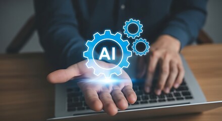 Person holding a gear with ai inscription, representing artificial intelligence, machine learning, automation, and technological advancement