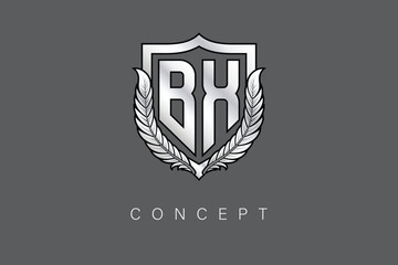 Obraz premium BX Creative Initial Letter Logo with Shield and Laurel Wreath Silver Metallic Branding Emblem on Gray Background.