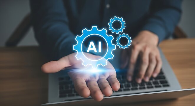 Person holding a gear with ai inscription, representing artificial intelligence, machine learning, automation, and technological advancement