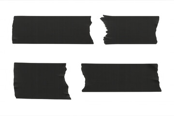 Black adhesive tape strips with ragged edges lying on clear surface, showcasing realistic graphic design texture and element