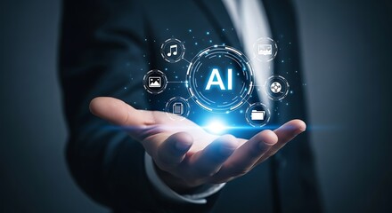 Artificial intelligence ai concept businessman holding virtual interface with icons of music, photo, document, money, credit card, and message