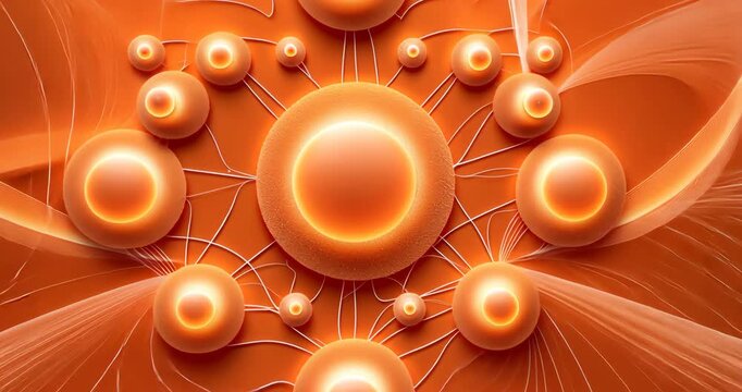 Opening spheres starting ribbons drifting in orange gradient, uniting pulsing spheres and filaments