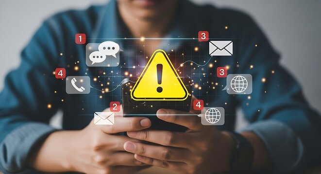 Warning alert notification on mobile phone person holding smartphone with triangle exclamation mark for error, problem, security, virus and scam - Powered by Adobe