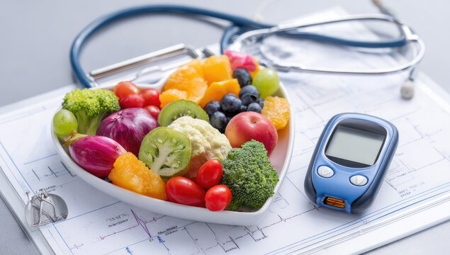 Heart-shaped bowl of fresh fruits and vegetables with a glucometer and stethoscope, symbolizing diabetes management and healthy eating. - Powered by Adobe