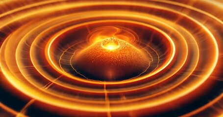 Opening animation showing glowing conical mound radiating orange glow in void, pulsing rings, vapor - Powered by Adobe