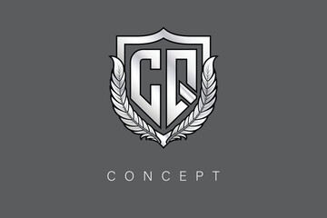 CQ Creative Initial Letter Logo with Shield and Laurel Wreath Silver Metallic Branding Emblem on Gray Background.