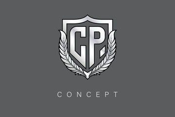 CP Creative Initial Letter Logo with Shield and Laurel Wreath Silver Metallic Branding Emblem on Gray Background.