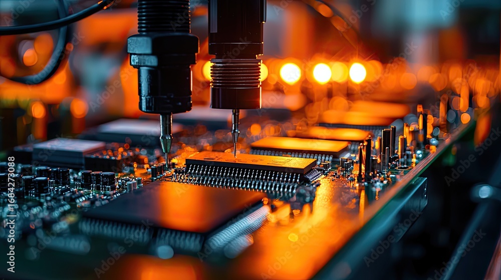 Poster automated assembly line for microchip production with robotic arms.