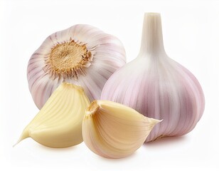 Fresh Garlic Bulbs and Cloves Isolated on White Background Healthy Cooking Ingredient