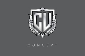CU Creative Initial Letter Logo with Shield and Laurel Wreath Silver Metallic Branding Emblem on Gray Background.